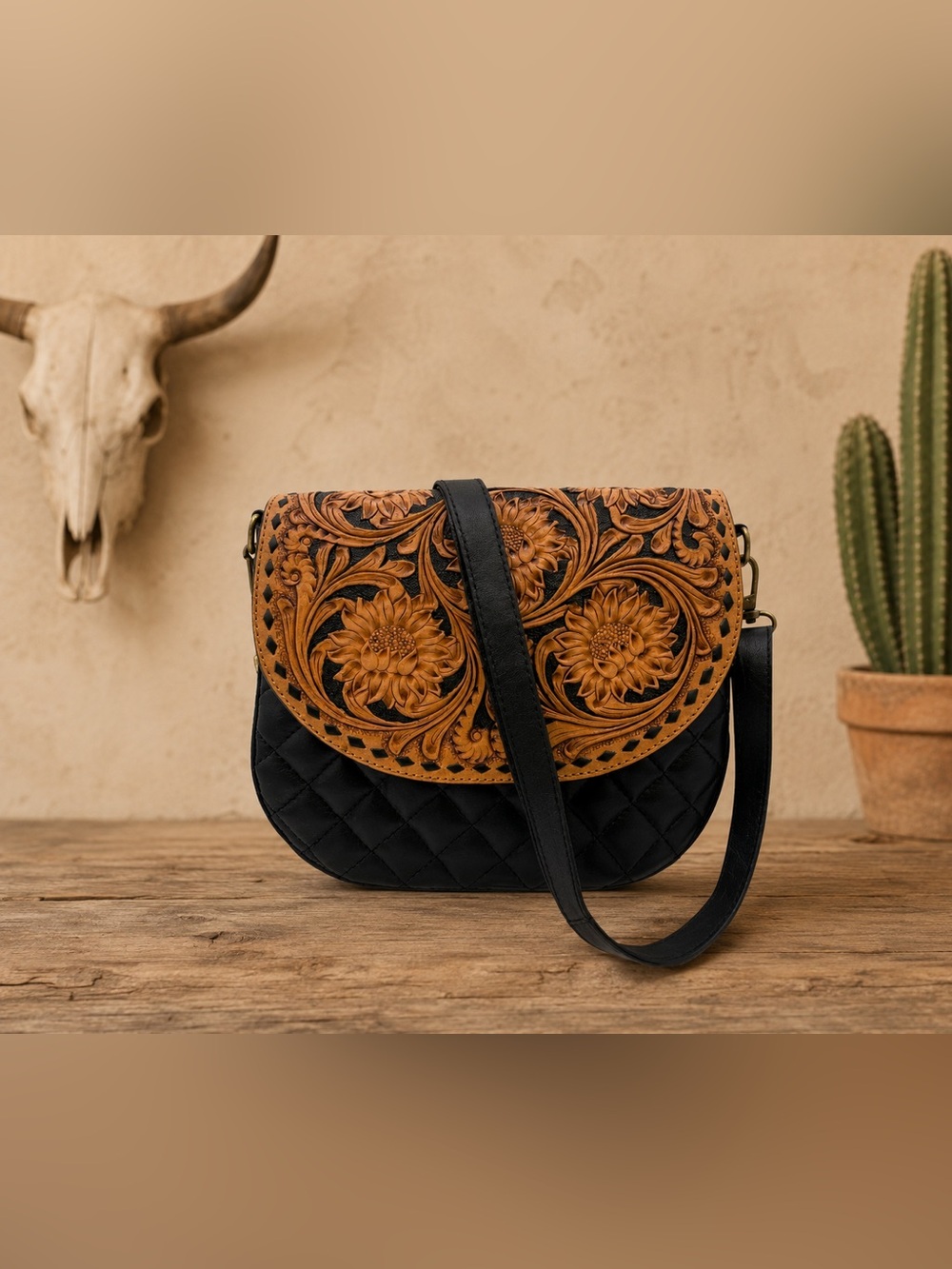 NEW Vintage Style Hand Tooled Leather Floral Saddle Bag Boho Western Crossbody - Picture 10 of 10